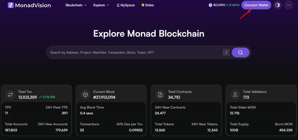 the MonadVision, click "Connect Wallet"